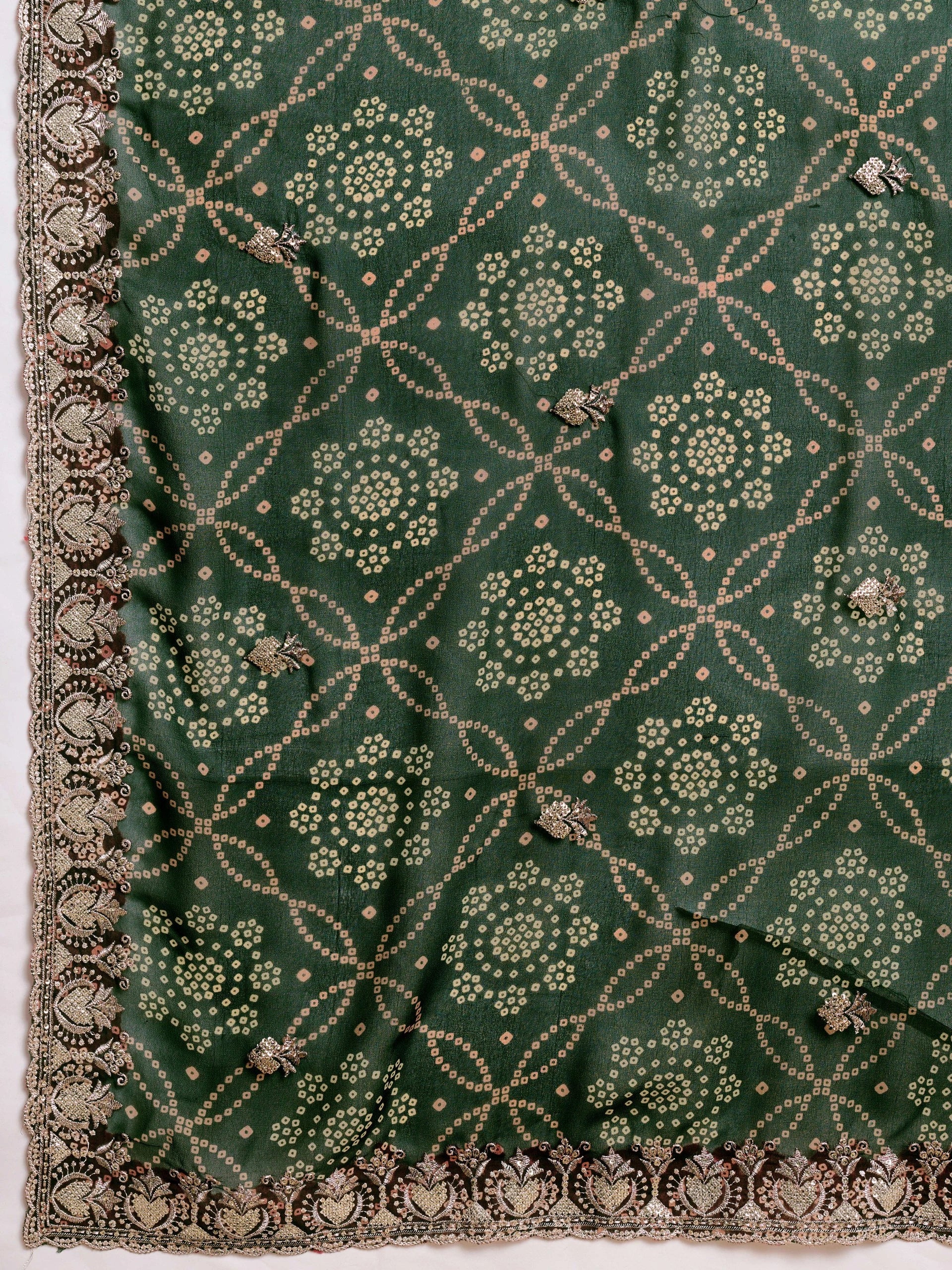 dark green georgette bandhej print saree